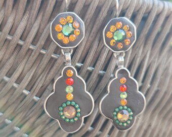 Long Silver Floral Brown Dangle Earrings, Multistones Earrings