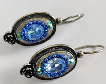 Blue Oval Sterling Silver Earrings, Saphire Swarovski Crystal Earrings