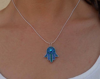 Large Blue Sterling Silver Hamsa Pendant, Swarovski Crystal Hamsa