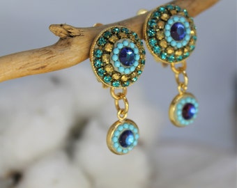 Turquoise Clip On Gold Crystals Earrings