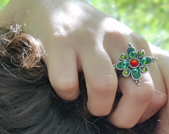 Large Adjustable Green Ring, Swarovski Crystals