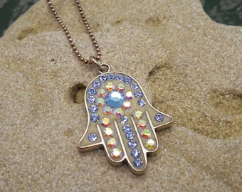 Stering Silver Multi Crystals Hamsa Necklace