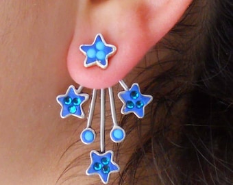 Blue Stars Jacket Earrings, Long Front Back Earring, Tiny Stars Rhinestones Earrings, Stud Turquoise Sterling Silver Earrings