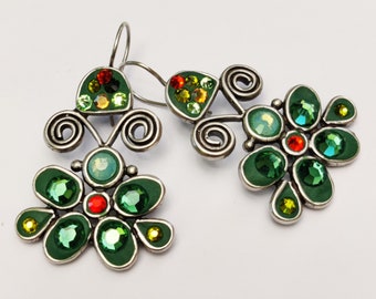 Large Green Flower Sterling Silver Earrings, Swarovski Crystals