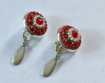 Beautiful & Unique Red Clip On Silver Dangle Earrings