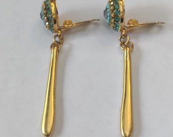 Long Gold Turquoise Crystals Clip on Earrings