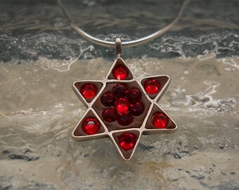 Red Silver Magen David Necklace, David Star Necklace, Jewish Pendant, Swarovski Star of David, Red David Star Neclace, Jewelry Gift,