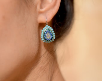 Dangle Turquoise Earrings, Ethnic Drop Hanging Earrings,  Long Swarovski Earrings