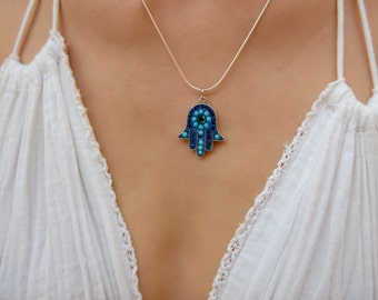 Sterling Silver Hamsa Necklace, Protection Silver Necklace, Multi Crystals Hand Pendant, Turquoise Hamsa Charm, Bat Mitzvah Gifts