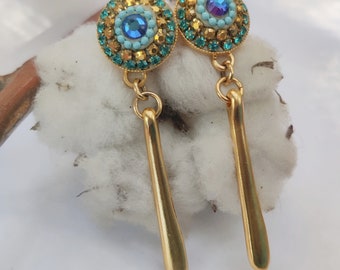 Long Turquoise Gold Clip on Earrings