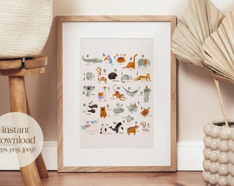 Animal Alphabet Poster, PRINTABLE Wall Art, ABC Poster, Educational Art, Kids Room Decor, Nursery Wall Art, Nursery Decor, Digital Download