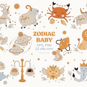 Clipart zodiaku dziecka, Astrologia, Znak zodiaku, Uroczy horoskop dla dzieci na baby shower, Astrologia dziecięca Boho, Pobieranie cyfrowe, Wykorzystanie komercyjne