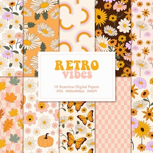 Digital Autumn Paper Pack Retro Groovy, Retro Seamless Pattern, Flower Background, Fall Thanksgiving Pattern, Set of 10 Papers