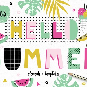 Sommer / Hawaii / Tropisch / Retro / Aufkleber / Wassermelone / Flamingo / Palme / Banane / Karte / Alphabet / PNG / Vektor / Digital / Clipart / 70s
