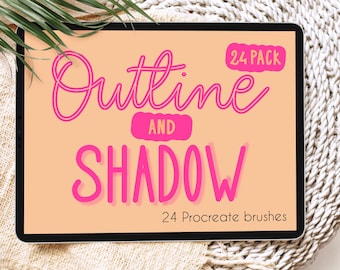 May include: A digital tablet displaying a graphic design for a set of 24 Procreate brushes. The design features the text "Outline and Shadow" in pink with a peach background. The text "24 Pack" is in a pink circle in the upper right corner.