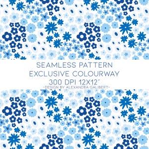 Design exclusivo sem costura, estampa floral azul e branca, roupas infantis, crianças, costura, tecido sem costura, repetição de azulejos, primavera