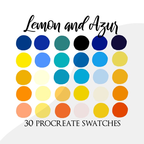Procreate palette swatches, procreate color palette, yellow citrus fruit palette, brushes, blue, bright colours, lemon palette procreate