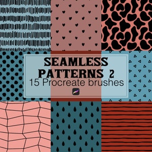 May include: A digital illustration of 15 seamless patterns for use in the Procreate app. The patterns include geometric shapes, hearts, dots, and lines in black and white on various colored backgrounds.