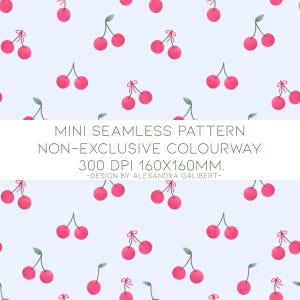 May include: A seamless pattern featuring pink cherries with green stems and leaves on a light blue background. The pattern is 160mm x 160mm and 300 DPI.