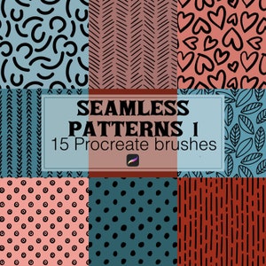 May include: A set of 15 Procreate brushes for creating seamless patterns. The image shows nine different patterns, including hearts, leaves, dots, and geometric shapes. The patterns are in various colors, including red, blue, black, and white.