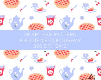 Cherry pie tea seamless pattern, kids clothes, children, sewing, seamless Fabric design repeat tile spring exclusive colour teapot tea cup