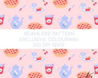 Cherry pie tea seamless pattern, kids clothes, children, sewing, seamless Fabric design repeat tile spring exclusive colour teapot tea cup