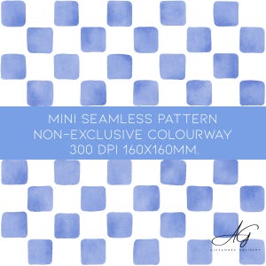 May include: A seamless pattern with a blue and white checkered design. The pattern is made up of small squares, and the blue squares are slightly faded. The text "MINI SEAMLESS PATTERN NON-EXCLUSIVE COLOURWAY 300 DPI 160X160MM." is displayed in the center of the image.
