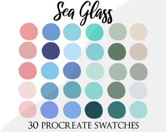 Procreate palette swatches, procreate color palette, soft colours palette, brushes, pastel, sunset palette, beach palette, sea glass, blue