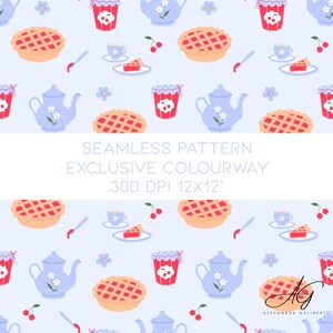Modello senza cuciture per il tè alla torta di ciliegie, abbigliamento per bambini, bambini, cucito, disegno del tessuto senza cuciture, ripetizione di piastrelle, colore esclusivo, teiera, tazza da tè