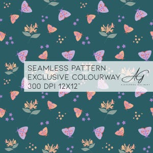 Exklusives nahtloses Musterdesign, Kinderkleidung, Kinder, Nähen, Stoffrapportfliese Sommer, Blumen, Motte, Blume, Schmetterling, Käfer, Herbst