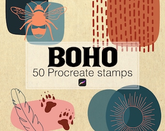 May include: A set of 50 digital stamps for Procreate, featuring a boho theme. The stamps include a variety of designs, such as a bee, feathers, paw prints, and geometric shapes. The text "BOHO 50 Procreate stamps" is displayed in the center of the image.