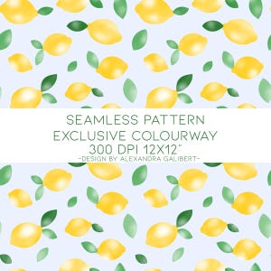Design esclusivo senza cuciture, motivo senza cuciture con limoni e foglie, abbigliamento per bambini, bambini, cucito, tessuto ripetuto, primavera estate giallo verde