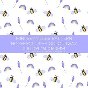 Pode incluir: Um padrão sem costura com um design repetitivo de abelhas, arco-íris e ramos de lavanda. O padrão é em tons de amarelo, azul, roxo e branco. O texto "MINI SEAMLESS PATTERN NON-EXCLUSIVE COLOURWAY 300 DPI 160X160MM. -DESIGN BY ALEXANDRA GALIBERT- " é exibido em uma faixa roxa.