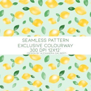Design esclusivo senza cuciture, motivo senza cuciture con limoni e foglie, abbigliamento per bambini, bambini, cucito, tessuto ripetuto, primavera estate giallo menta