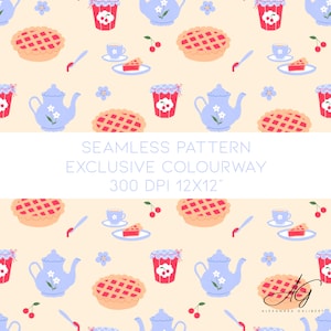 Kirschkuchen Tee Muster Muster, Kinder-Kleidung, Kinder, nähen, nahtlose Stoff-Design-Wiederholung Kachel Frühling exklusive Farbe Teekanne Teetasse