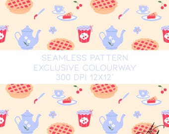 Cherry pie tea seamless pattern, kids clothes, children, sewing, seamless Fabric design repeat tile spring exclusive colour teapot tea cup
