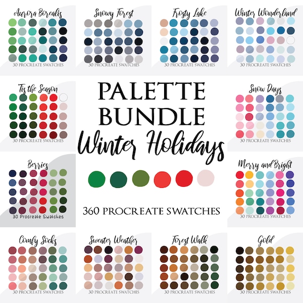 Procreate palette swatches, procreate color palette, Christmas colour palette, bundle, winter colors, holidays palette, Christmas palette