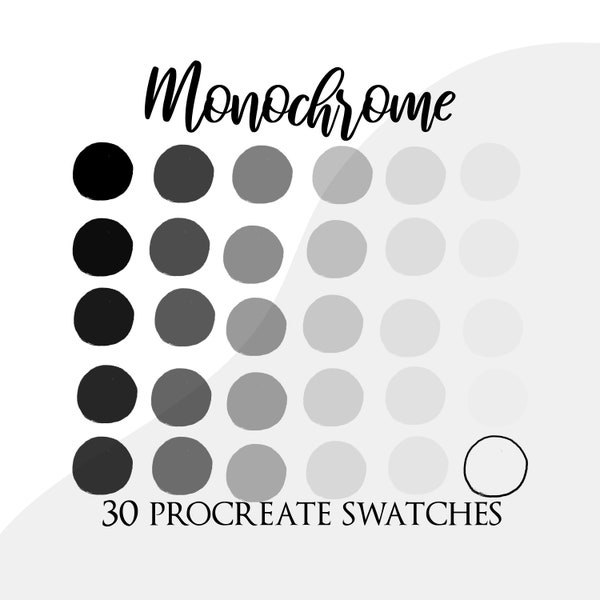 Procreate palette swatches, procreate color palette, monochrome palette, brushes, iPad pro, black and white palette, grey palette, colour