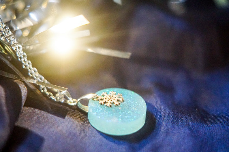 Holographic snowflake necklace christmas circular silver resin pendant with small snowflake charm on sterling silver plated chain