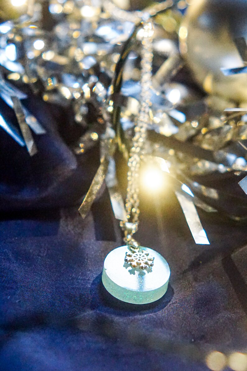 Holographic snowflake necklace christmas circular silver resin pendant with small snowflake charm on sterling silver plated chain