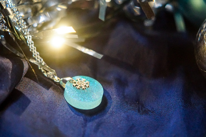Holographic snowflake necklace christmas circular silver resin pendant with small snowflake charm on sterling silver plated chain