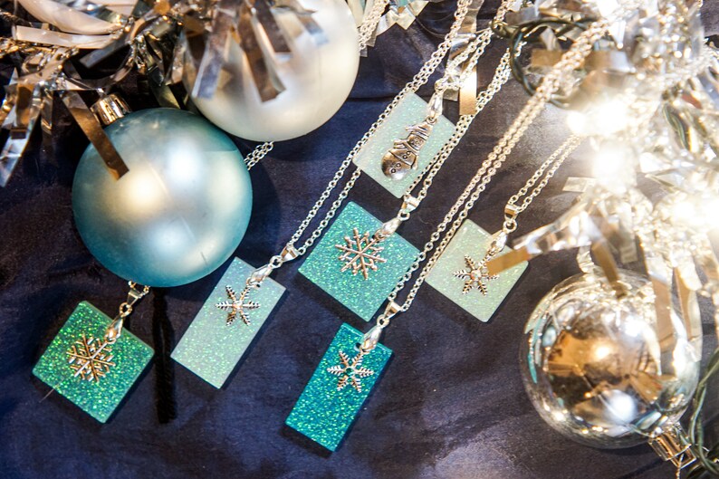 Holographic snowflake necklace christmas circular silver resin pendant with small snowflake charm on sterling silver plated chain