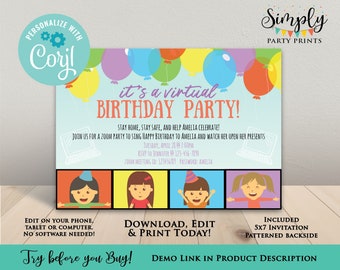 Virtual Birthday Party Invitation - Girl Birthday Party Invite, Digital Birthday Invite, Social Distance Birthday, Self-Editable Invitation