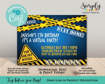 Quarantine Birthday Party Invitation - Boy Birthday Invite, Digital Birthday Invite, Social Distancing Birthday, Self-Editable Invitation