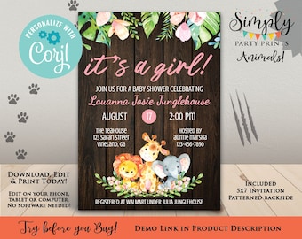 Jungle Animals Baby Shower Invitation - Safari baby shower invitation, Girl Baby Shower invite, Self Editable Invitation, Instant Download