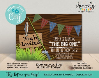 The Big One Birthday Party Invitation - Boy Birthday Party Invite, Fishing Birthday Invite, First Birthday Invite, Self-Editable Invitation