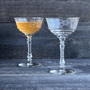 Set of 2 Cut Glass Floral Champagne Coupe Glasses Rock Sharpe