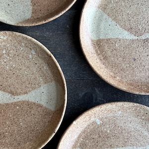 Set of 4 Speckled Beige and Brown Stoneware Dinner Plates, Rustic Pottery