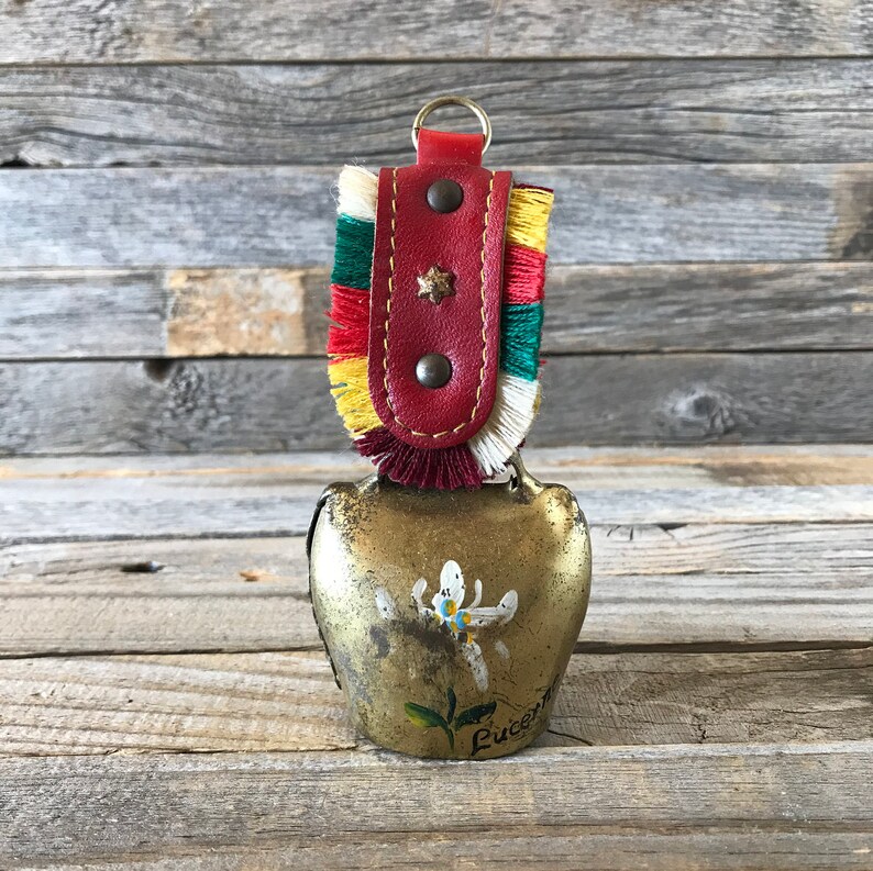 Vintage Souvenir Swiss Cow Bell Lucerne Painted Metal With Red Etsy
