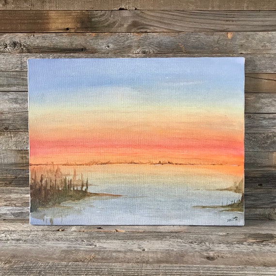 Vintage Painting on Canvas Lakeshore Sunset Unframed Artist | Etsy